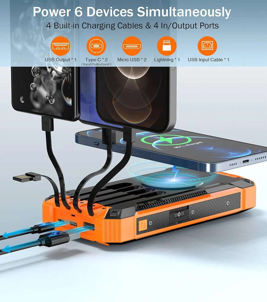 36000mAh Power Bank with Wireless Charging and 4 Cables for Phones