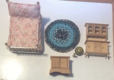 Dollhouse Lot Miniatures Vintage Metal Brass Doll House Bed Furniture 9 Pcs Rug