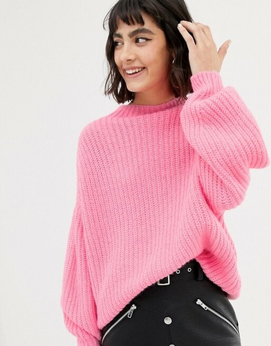 Mango Womens Oversize Long Sleeve High Neck Knitted Sweater Neon Pink Size  US S | eBay