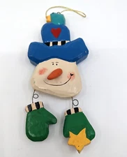 Carved Wood Ornament Snowman Head with Green Mittens