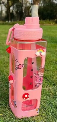 Kawaii Square Water Bottle with Straw, 4 3D Cute Stickers, BPA-FREE Plastic 700m