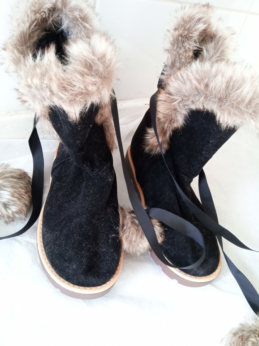 Black Faux Suede Flat Heel Lower Calf Light Pom Pom Winter Boot UK