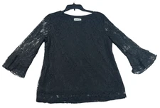 Elle Blouse Womens Size Large Black Floral Lace Flare Sleeve