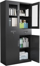 71" Metal Storage Cabinet w/ Glass Doors Locking Adjustable Shelves Office Home