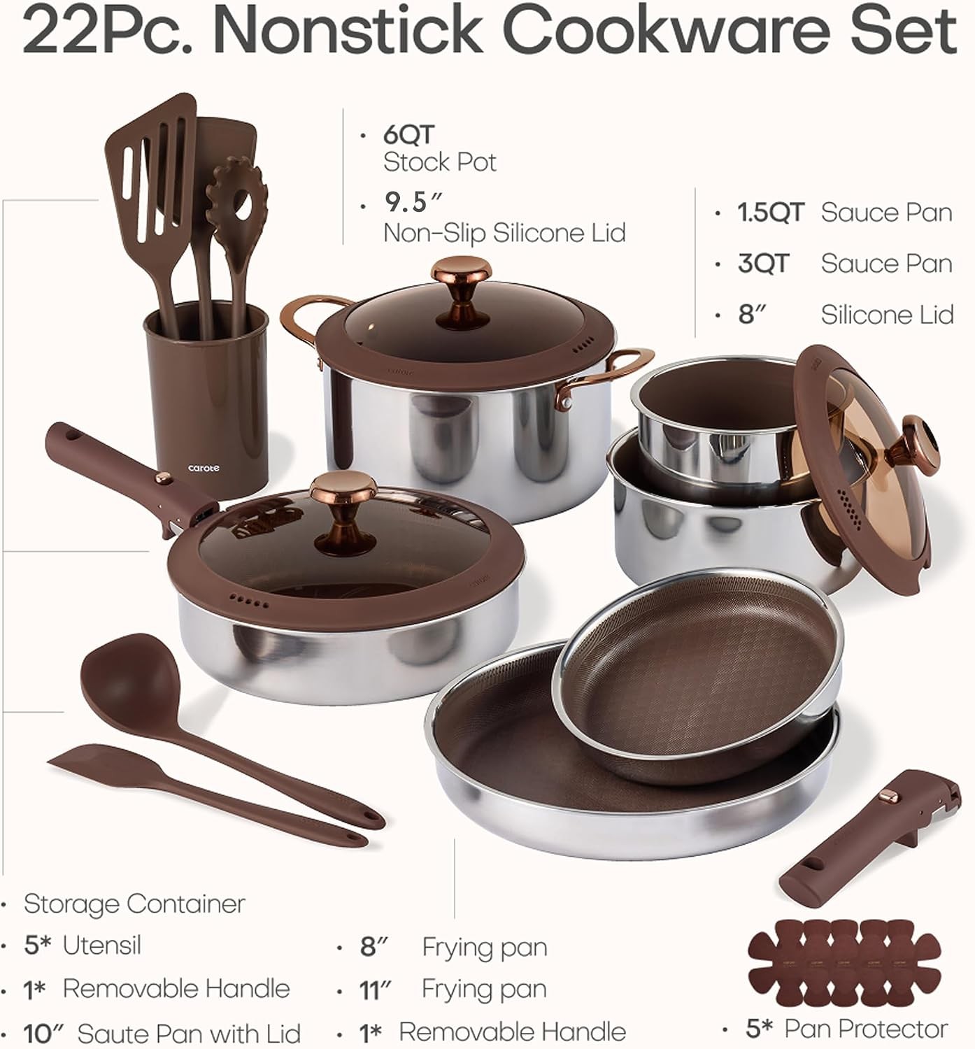 22pcs Hybrid Nonstick Pots & Pans Set Stainless Steel Cookware Set W