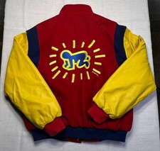 Keith Haring Pop Shop Varsity Jacket Wool & Leather Sz Large 90’s USA Made NYC