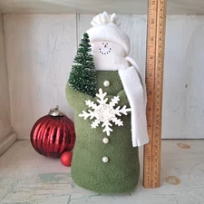 Hearts & Ivy 10" Sage Green Snowman Holding Green Glitter Tree and Snowflake