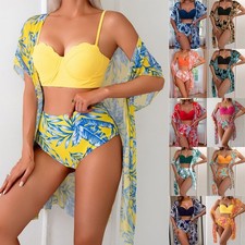 3PCS Tropical Print Bikini With High Waisted Bottoms & Bra & Cover Up Size 6-18