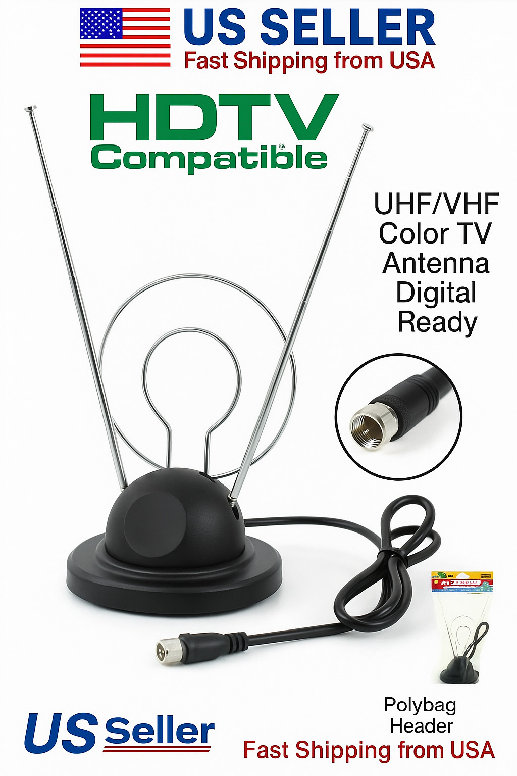 Indoor Rabbit Ear HDTV TV Antenna Universal VHF UHF Dual Loop Coaxial