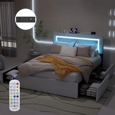 OYAJIA Letto imbottito 140 x 200 cm letto matrimoniale contenitore struttura letto con LED/USB Tmnwgrccel