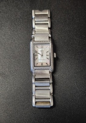 Judith Ripka Stainless Steel Mother of Pearl Fleur-de-lis Tank Watch 3ATM