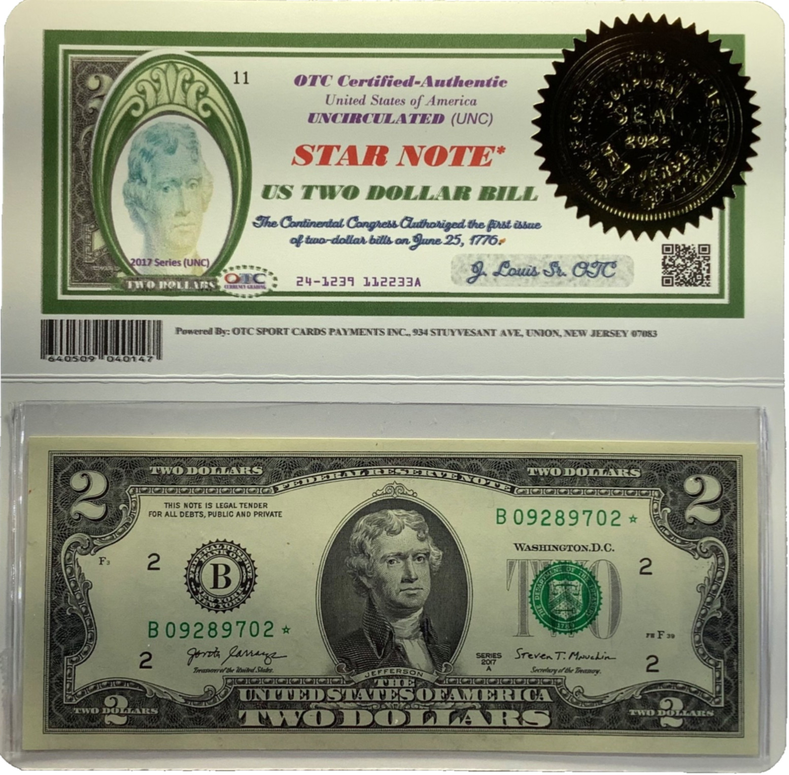 LOWEST PRICE-NOW-2017 1-2 US Dollar bill (UNC) OTC Certified W/Bi-Folder
