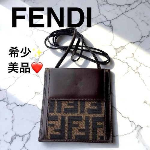 Fendi Zucchero Canvas Shoulder Wallet Brown Leather Compact Authentic VIN