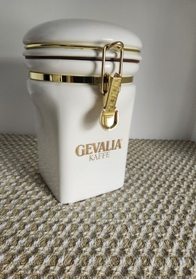 Gevalia Kaffe White/Gold Ceramic Square Coffee Canister w/ Clamp Lock Lid