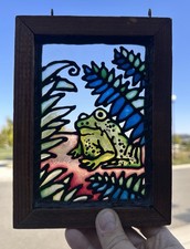 Vintage Frog In Rain Forrest Framed Stained Glass Window Suncatcher 6 x 8
