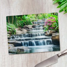 Tranquil Waterfall Forest Glass Chopping Board Large Kitchen Worktop Saver