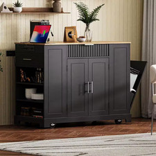 Black Wood Top 48.5 In. Fluted Kitchen Island with Trash Can Storage Cabinet