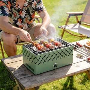Portable Charcoal BBQ Grill with Built-in Fan for Camping Outdoor, Light Green