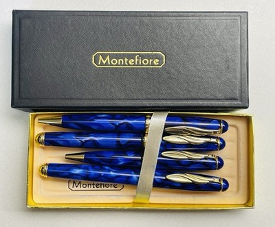 Montefiore Iridium Point Germany Nib Fountain Pen & 3 Ballpoint Blue Marble 