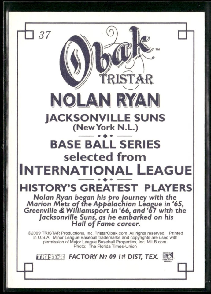 2009 TriStar Obak Нолан Райан #37 Jacksonville Suns - Изображение 2 из 2