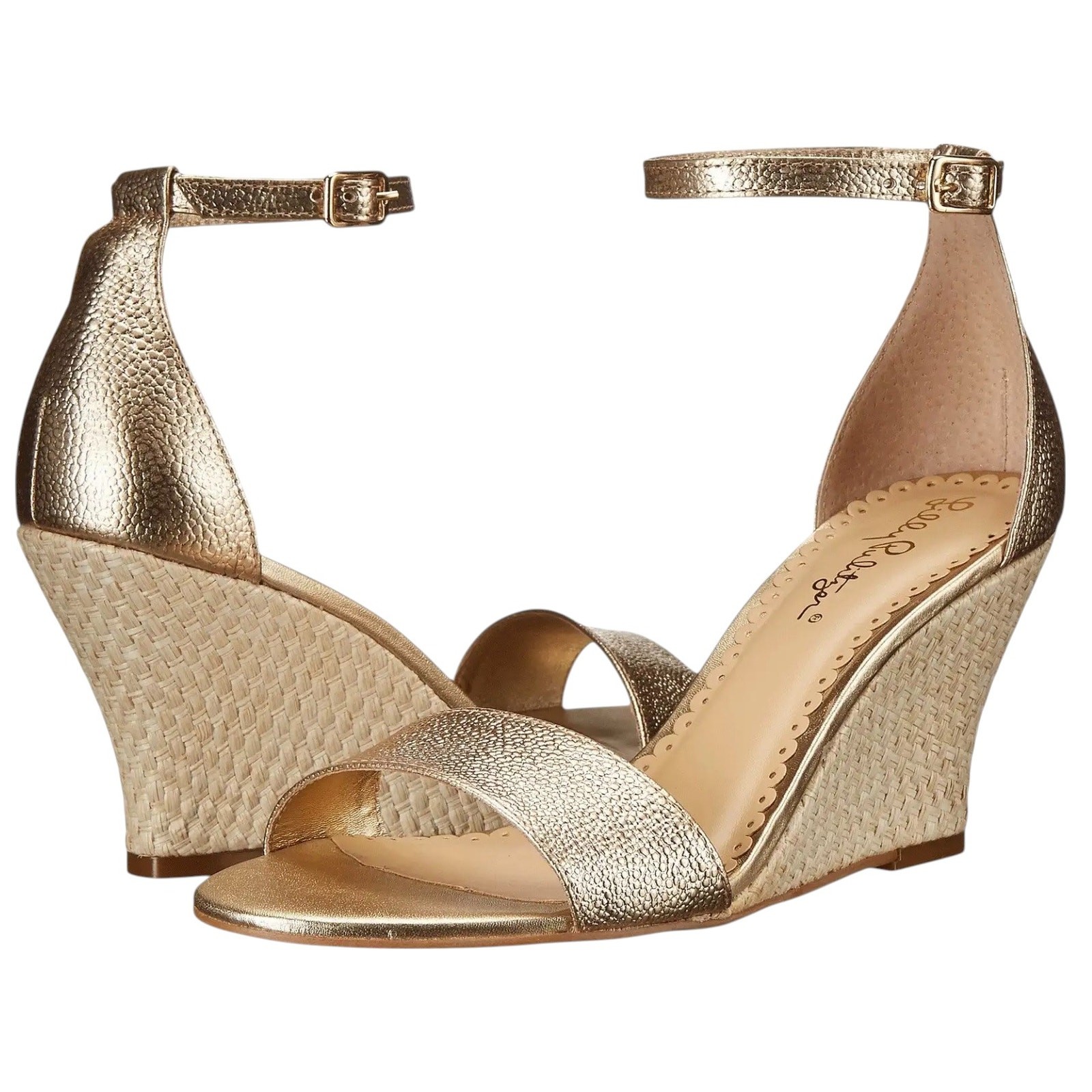 APL Zeppa LILLY PULITZER Bridgette pelle oro rafia tg. 9 Prezzo consigliato $ 198