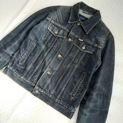 BURBERRY LONDON Denim Jacket Men Vintage Indigo Nova Check Leather
