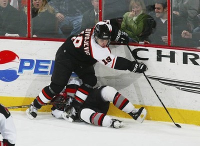 Branko Radivojevic Philadelphia Flyers boards Adam Mair Buff- Ice Hockey Photo