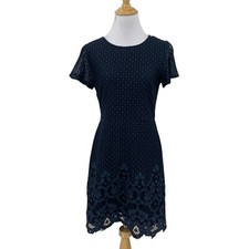 LOFT Sheath Dress Womens 2 Navy Floral Scallop Lace High Neck Short Sleeve Lined