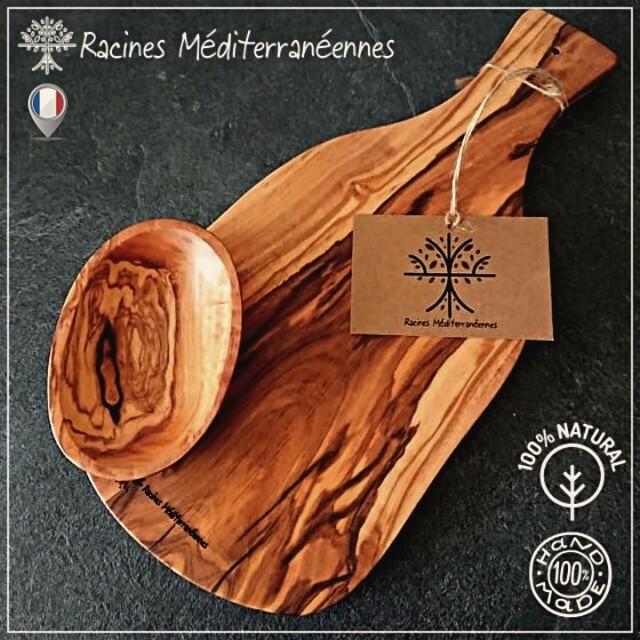 Planche en bois d'olivier 30 cm et son ramequin idée cadeau crémaillère