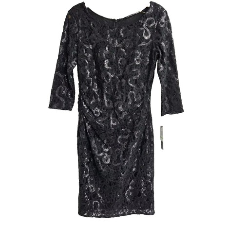 Elegant Cocktail Dress Black Fitted Knee Length Dress Studio One New York Shift  Dress Women's Size
