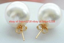 Stunning Big 12mm Round White South Sea Shell Pearls Gold Stud Earrings