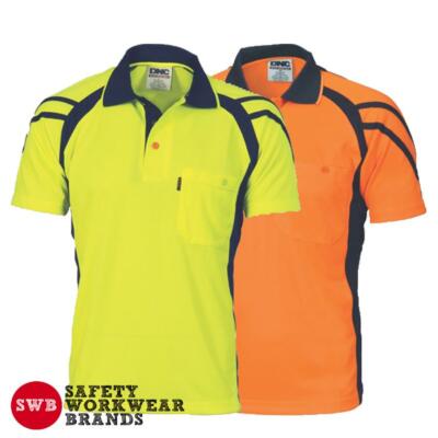 DNC Workwear Mens Hi Vis Cool Stripe Panel Polo Shirt Safety Orange ...