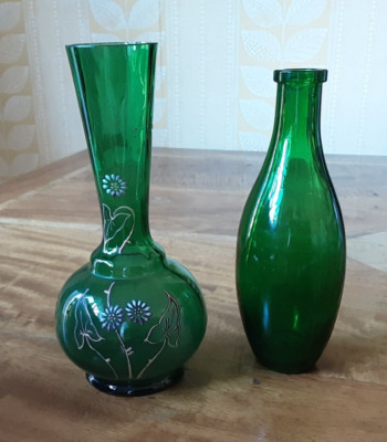 Grüne handbemalte Knospenvase aus Glas & kleine Flasche *2 Stück