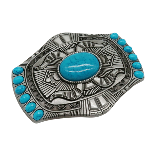 Men Silver Metal Buckle Rodeo Western Decorative Turquoise Blue Beads Jeans Pant - Picture 7 of 12