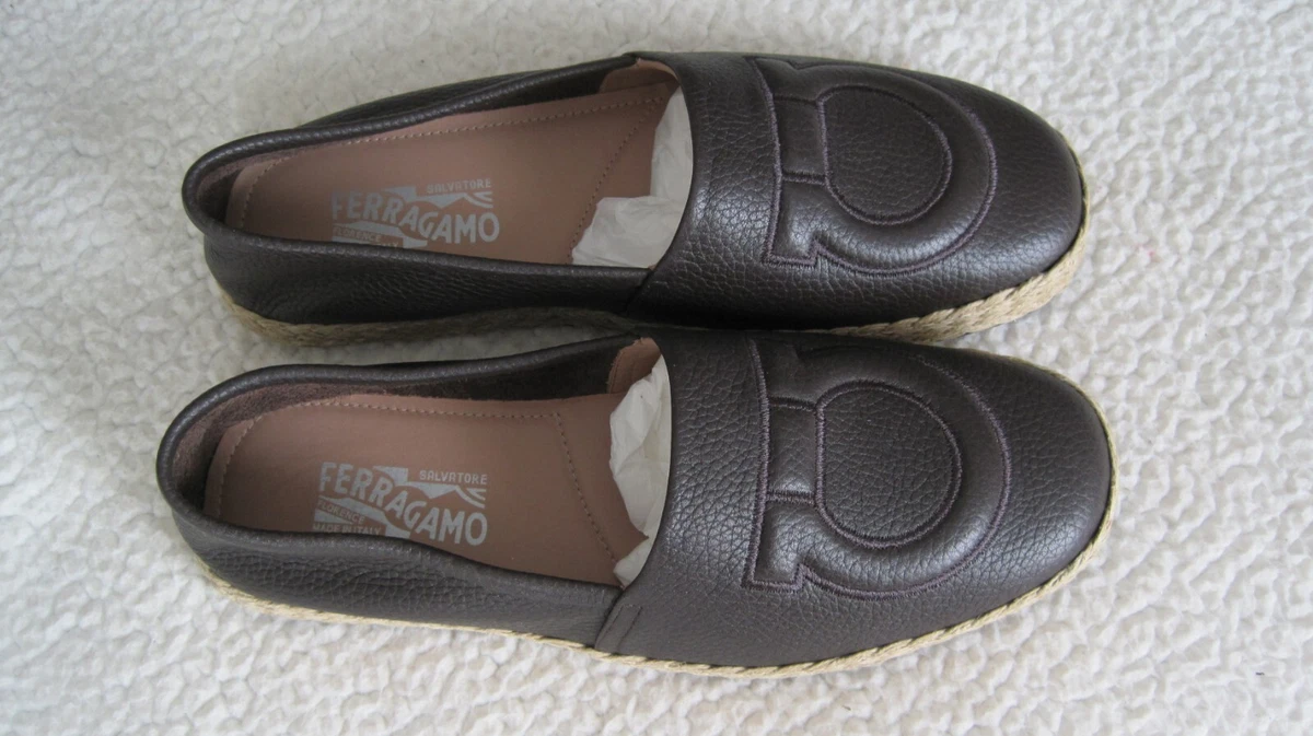 NEW IN BOX FERRAGAMO SUMMER Men Espadrilles Brown Pebbled Leather