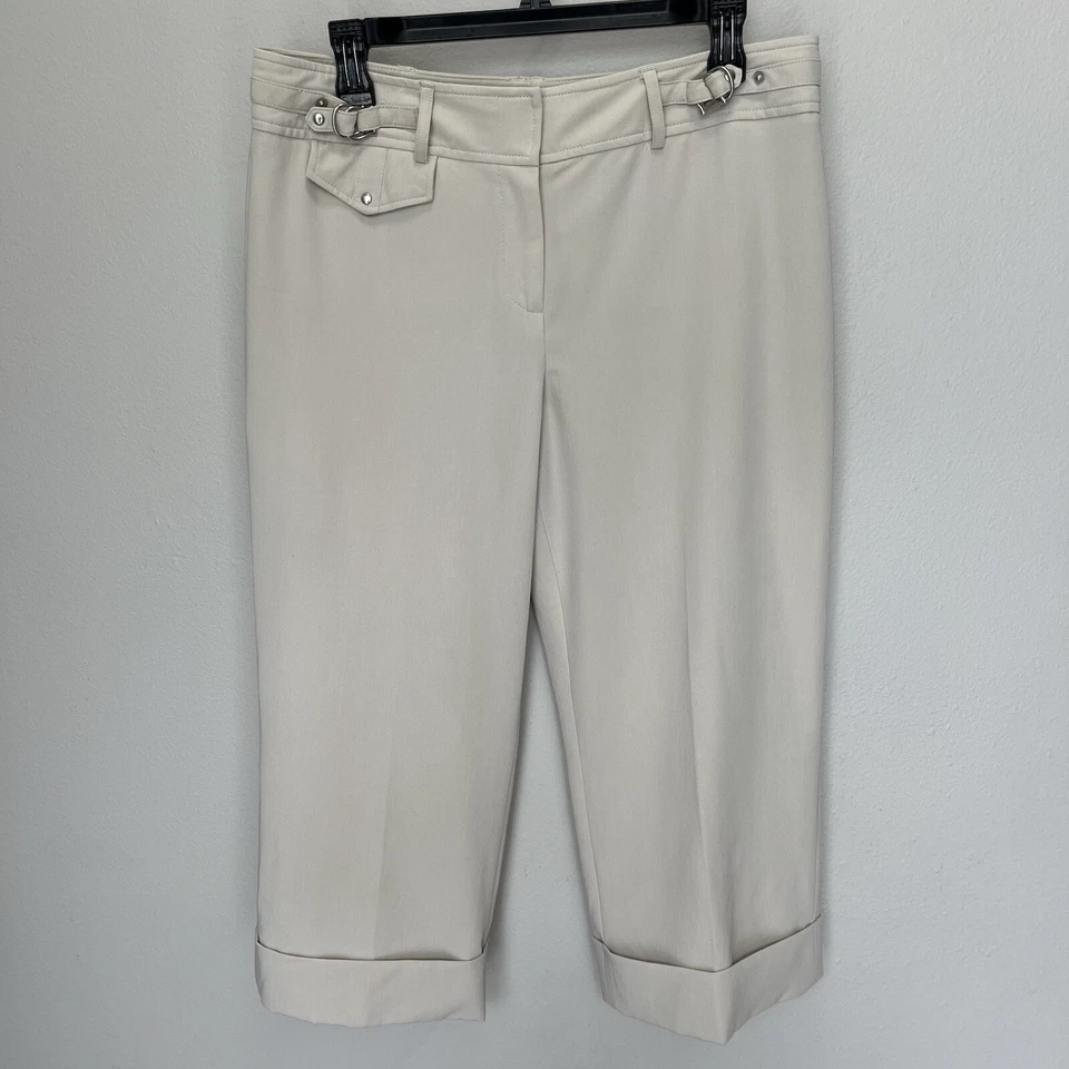 Larry Levine | Stretch Khaki Capri Pants Womens Size 10 Mid Rise Cuffed Beige - Image 2 of 4