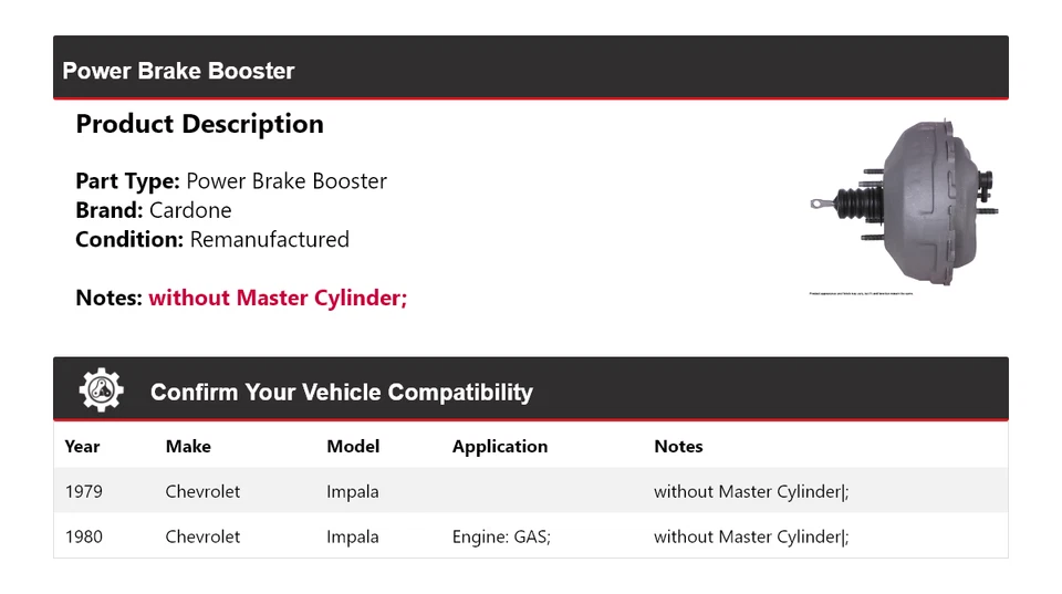 Booster de freno eléctrico Cardone para Chevrolet Impala 1979-1980 Foto 2 de 4