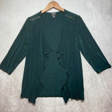 Chicos Travelers Cardigan Size 1 Forest Green Liquid Knit Open Front Slinky