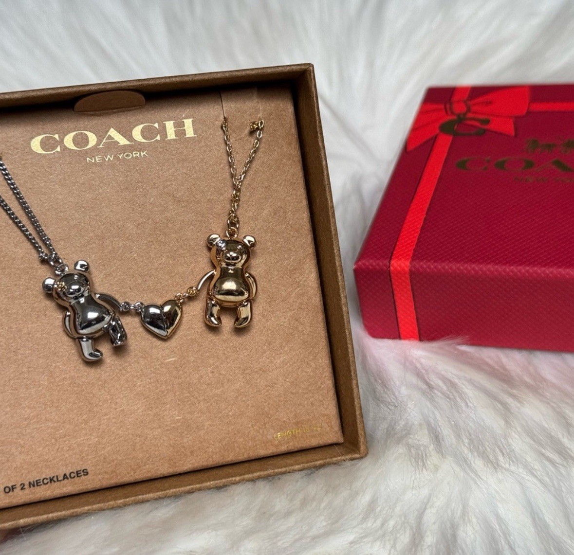 NEW COACH Teddy Bear Heart Friendship Necklace Duo Set CY112 New