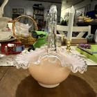 1950's Fenton Rose Pastel Silver Crest Handled Basket vintage glass