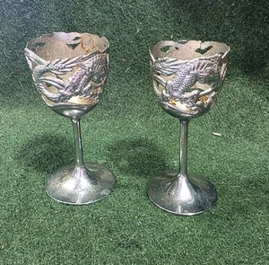 Small Dragon Themed Silver Goblet Shaped Art Decor
