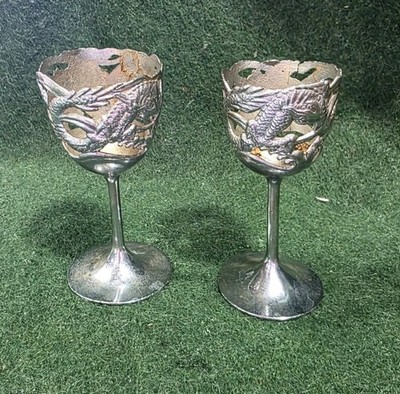 Small Dragon Themed Silver Goblet Shaped Art Decor