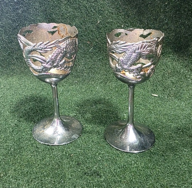 Small Dragon Themed Silver Goblet Shaped Art Decor