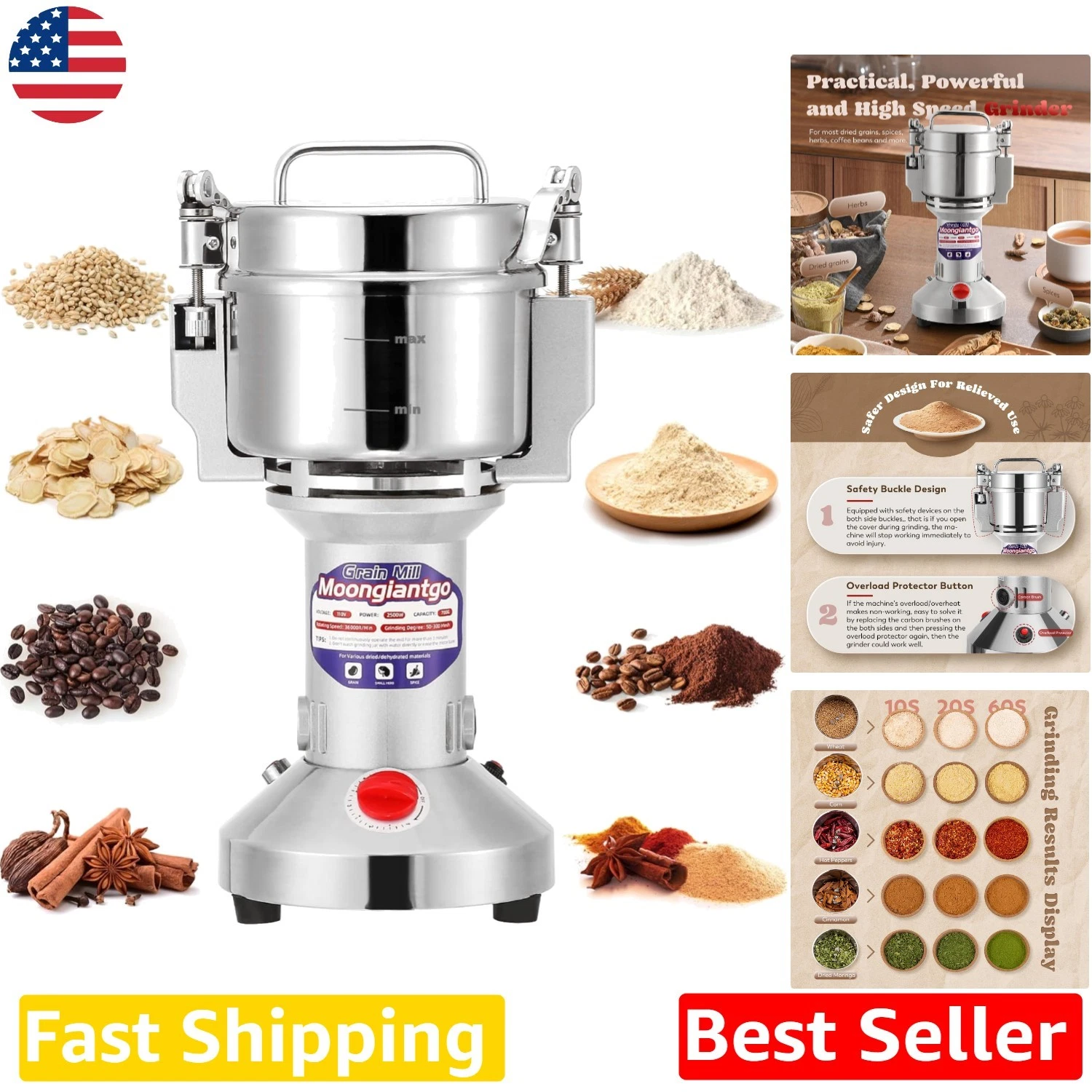 Powerful 1500W Electric Grain Mill 300g Stainless Steel Spice Grinder Coffee