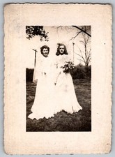 Vtg B&W Snapshot Two Young Women In White Formal Gowns Outdoors Field Trees
