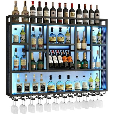 LED Wine Rack Bar Shelves Wall Mounted Kitchen Storage Rack +Wine Glass Holder
