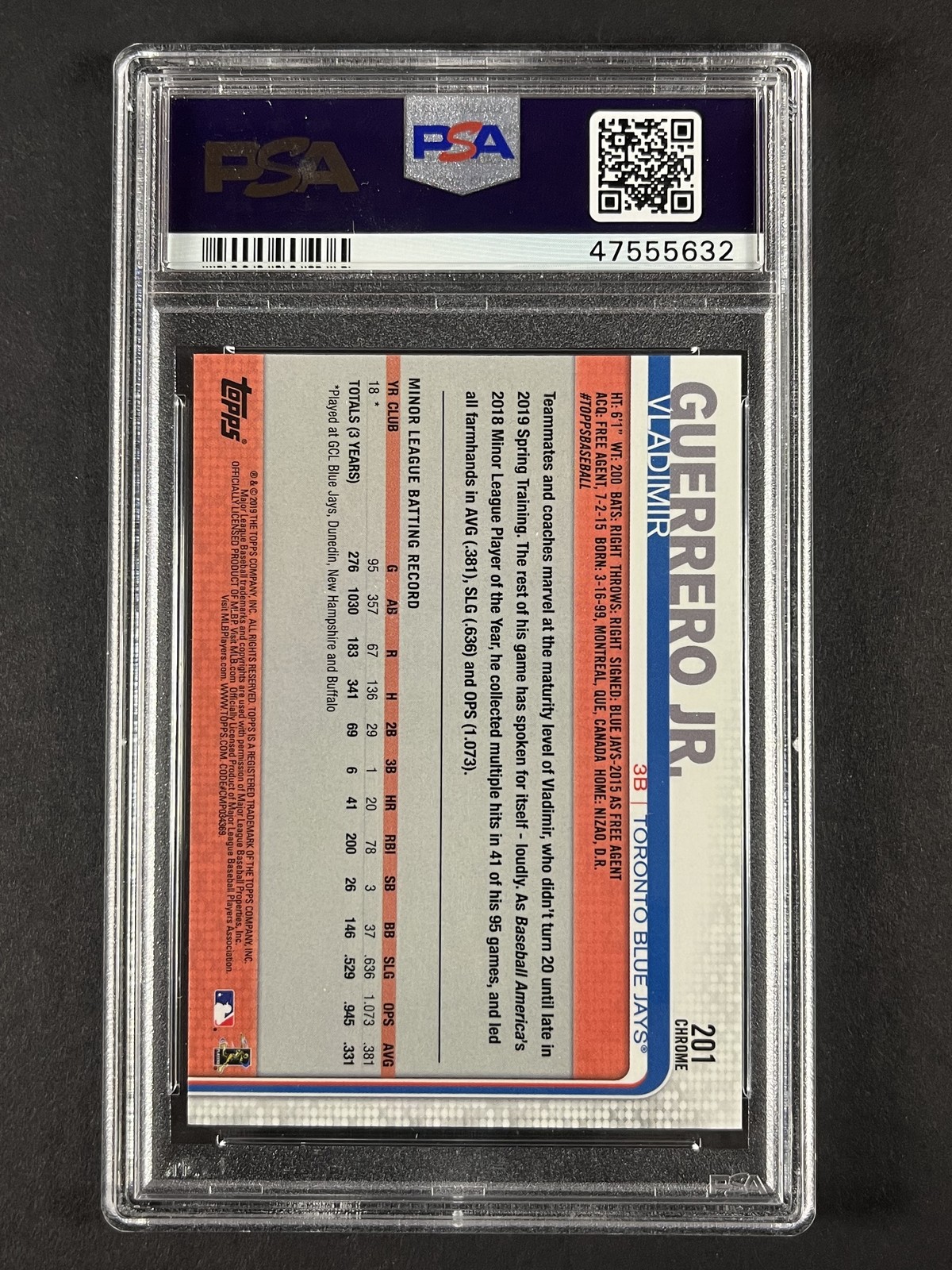 2019 Topps Chrome #201 Vladimir Guerrero Jr. PSA 10 view 2