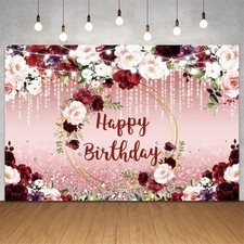 Floral Happy Birthday Backdrop for Women 8x6ft Burgundy Flowers Glitter Bokeh...