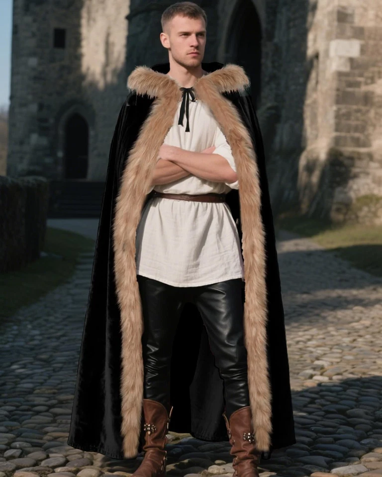 Viking Fur Hooded Cloak Medieval Velvet Cape with Hood for Halloween - Image 3 of 4