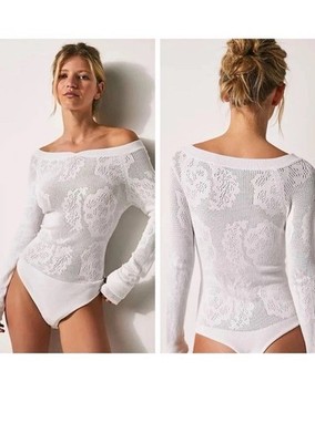 NWT FREE PEOPLE Off Your Game BODYSUIT  Sheer SWEATER KNIT IVORY M